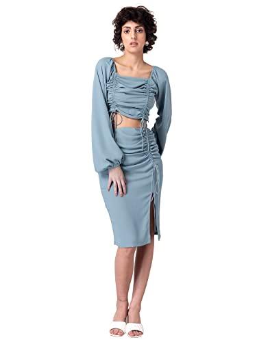 faballey department569 georgette regular blue ruched crop top and slit skirt co-ord set (fco00204 m)