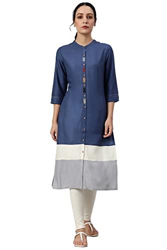 w for woman blue and grey colour block kurta