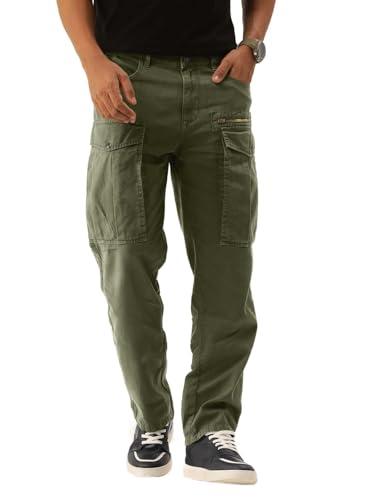 bene kleed men olive overdyed relaxed fit solid cargo trousers (36-size)