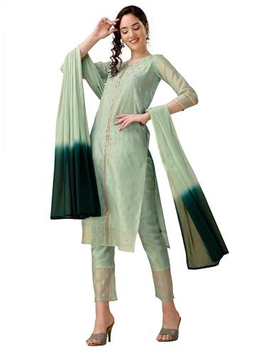 ethnicjunction women's chanderi silk jacquard straight kurta pant & dupatta set light green