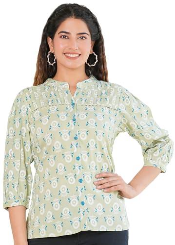 yash gallery women's rayon floral printed regular pintucks shirt (1579ykgreen, m, green)