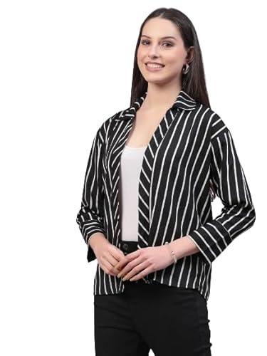 style quotient women casual black and white stripe spread collar full sleeve shrug