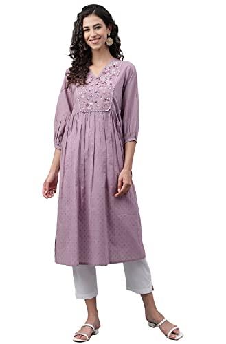 janasya women's lavender dobby cotton solid gathered kurta(jne4143-kr-a-xxxl)