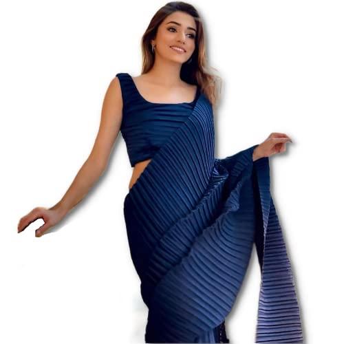 sidhidata women's full crushed/pleated satin saree with unstitched blouse piece (navy blue)