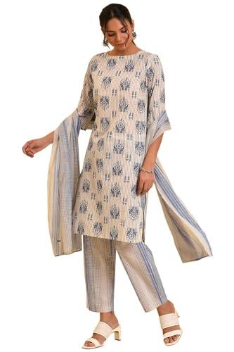 w for woman animal print knee length cotton woven women's kurta pant dupatta set (ecru,3xl)