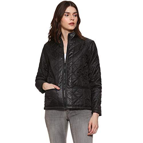 campus sutra women's black quilted puffer jacket with zip closure for casual wear | mock neck | long sleeve | zipper closure | polyester jacket crafted with comfort fit for everyday wear