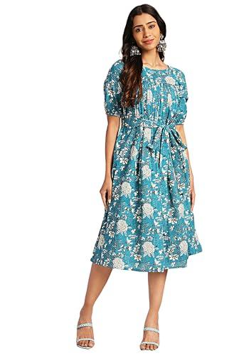 janasya women's teal cotton floral empire dress(jne4398-dr-l)