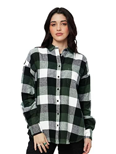 the souled store| plaid: grey womens and girls shirts|full sleeve|oversized fit plaid |100% cotton (poplin) multicolored women boyfriend shirts