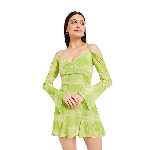 drape and dazzle printed mesh trumpet sleeve mini dress with tie detailing for women green