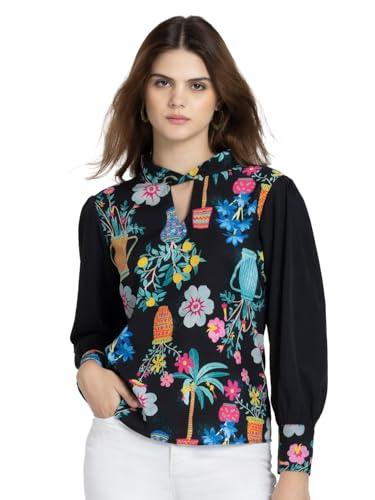 shaye black casual full sleeves band collar floral top for women