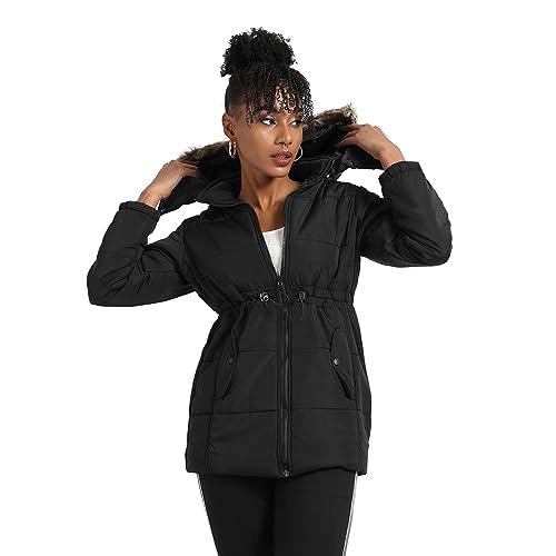 campus sutra women's black puffer jacket with detachable fur hood for casual wear | hooded neck | long sleeve | zipper closure | polyester jacket crafted with comfort fit for everyday wear