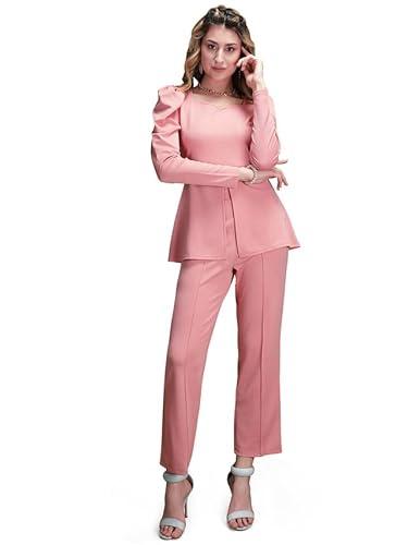 selvia women's puff sleeve lycra sweetheart neck trendy co-ords set(485tk10672n-m_peach)