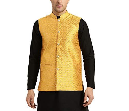 sojanya (since 1958, mens silk blend, mustard & gold self design nehru jacket, size: 38