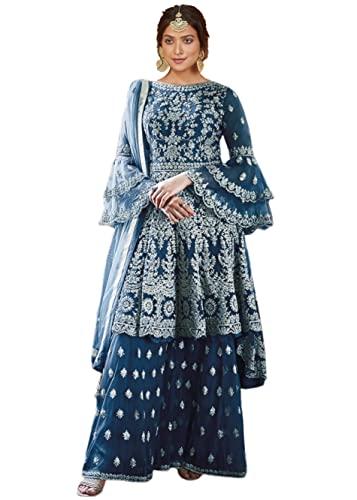 miss ethnik women's rama net semi stitched top with stitched net bottom and net dupatta knee long embroidered flared top dress material free size (kurta palazzo set) (d-1027-rama)