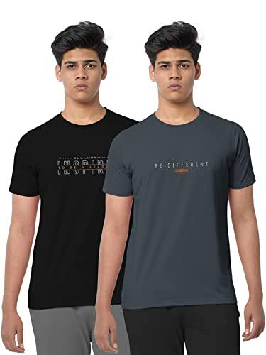 bullmer trendy typographic printed round neck half sleeve tshirts for men - pack of 2 - black/dark grey - x-large