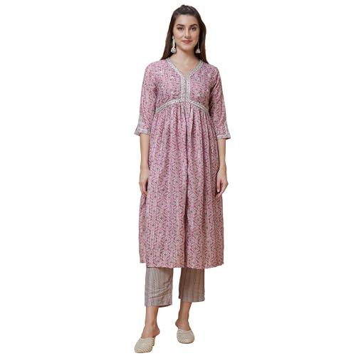 globus women pink ethnic motifs print a-line fusion kurta set with trouser-3639714003