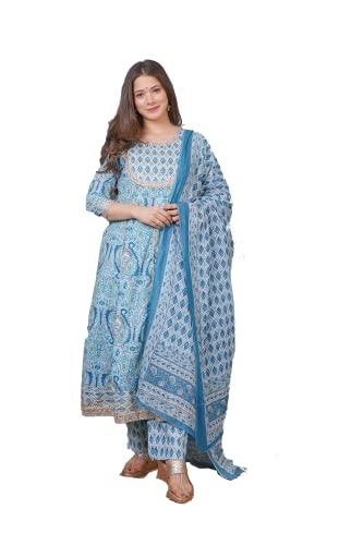 meera fab women's sky blue cotton printed anarkali kurta with palazzo & dupatta set with handwork