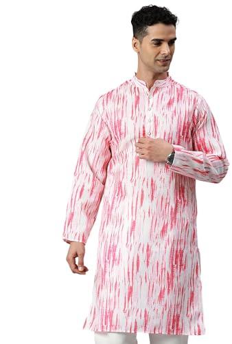 majestic man cotton blend ethnic motifs printed long kurta for men (large, pink)