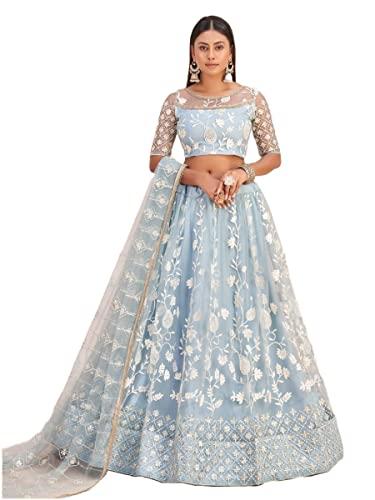 vaani creation embroidered lehenga choli with dupatta (free size, blue)