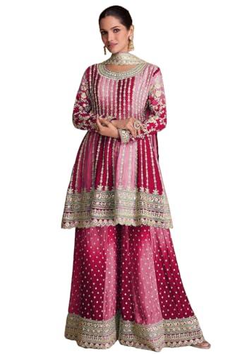 miss ethnik dual tone pink strip chinon heavy embroidered stitched sharara suit set with dupatta (me-1129-pink-xxl, womens chiffon)