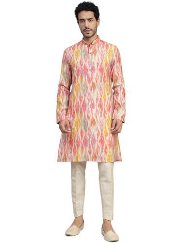 the kurta company regular fit cotton blend printed kurta for men | pink classic straight cut full sleeve mandarin collar - ocld_42