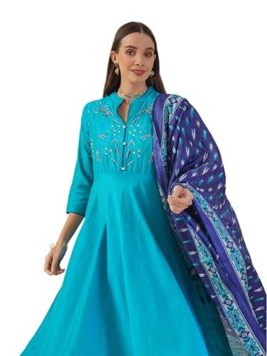 jompers women's blue embroidered kurta,printed dupatta and trouser set (blue, xl)