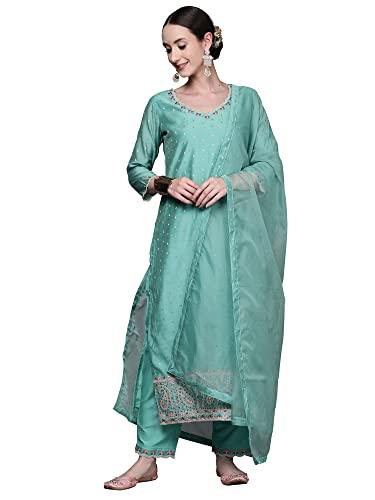 indo era women's poly chanderi embroidered kurta trousers with dupatta set (ready to wear_kh9bl8990xl_turquoise blue_xl-size)