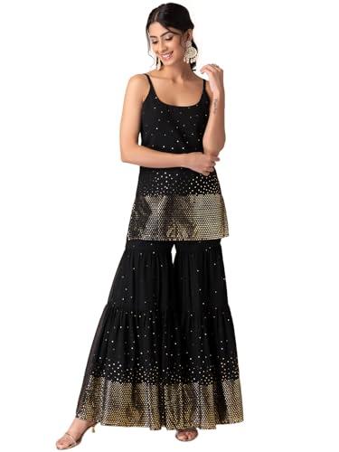 indya women's georgette foil print regular kurta sets (ico00788_black_l)