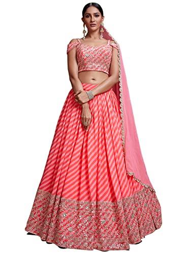 zeel clothing women's organza laheriya embroidered semi-stitched lehenga choli with dupatta (107-pink-wedding-bridal-latest-lehenga; free size)