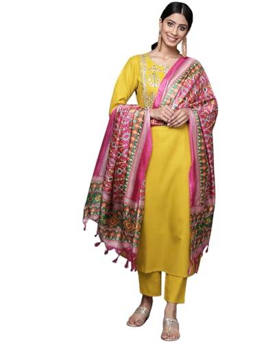 amayra women's embroidered cotton straight kurta with pant and dupatta set(yellow,xl)