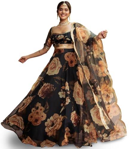 kedarfab women's floral digital rose print embroidered gota patti work organza lehenga choli with dupatta (free_size black)