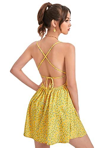 aahwan women's polyester yellow backless lace up ditsy floral printed mini cami dress (186-yellow, s)