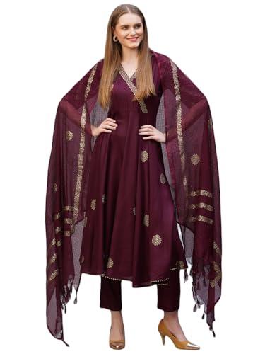 anni designer women's rayon blend printed anarkali kurta with pant & dupatta (berlin wine-nb_m_wine_medium)