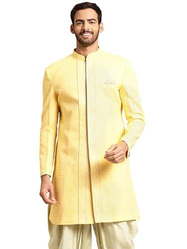 kisah men's indo western sherwani, yellow cotton blend, printed regular fit mandarin collar long sleeves (44)