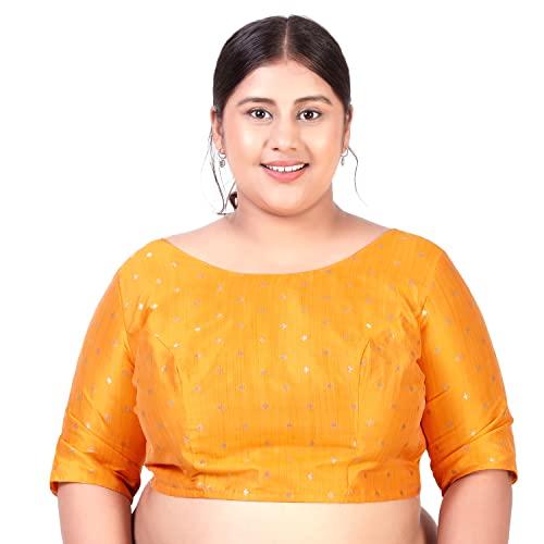 studio shringaar women's plus size silky saree blouse with golden zari weaving (orange, 50)