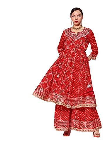 ishin women's cotton red embroidered anarkali bandhani kurta set with sharara