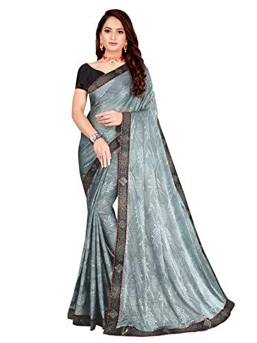 florence women's grey lycra printed saree with unstithed blouse(fl-coconut19, free size)