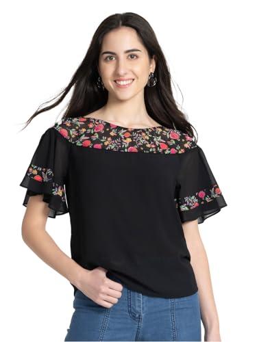 shaye boat neck black floral print short sleeves casual tops for women