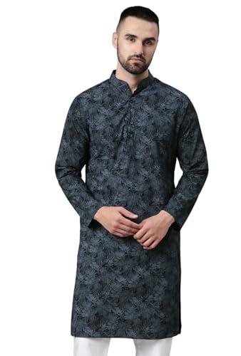 majestic man cotton mandarin collar ethnic motifs printed long kurta for men (large, navy blue)