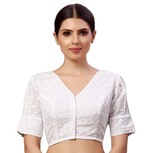 studio shringaar georgette women's readymade chikankari saree blouse with puff sleeves (white, 36)