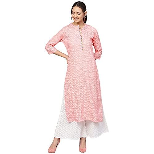 anubhutee women's rayon pink thread work ethnic motifs embroidered straight kurta suit set with palazzo