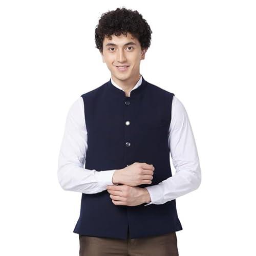 raymond men's contemporary fit solid pattern pure polyester sleeveless dark blue ceremonial waist coat