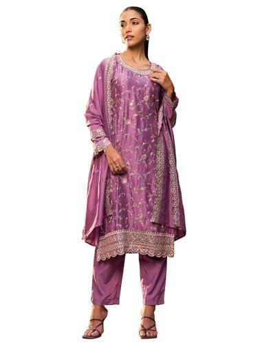 indo era women's embroidered silk blend calf length straight kurta & pant with dupatta set (kh9pr6276_large)