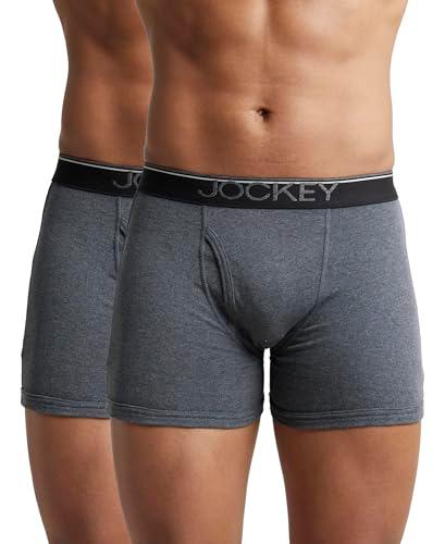 jockey men's super combed cotton rib fabric boxer briefs with front fly, ultrasoft and durable waistband (pack of 2) 8009_charcoal melange_l