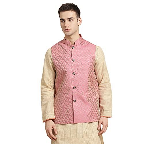 sojanya (since 1958, men's jacquard silk pink self design only nehrujacket, size: 40