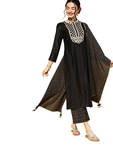 indo era women's cotton blend solid solid straight kurta palazzo with dupatta set (21ddd4401m_black_m-size)