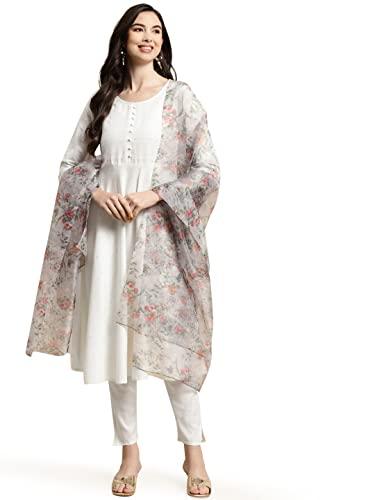 jompers women's flaired emblished kurta with organza dupatta and pant (white, l)