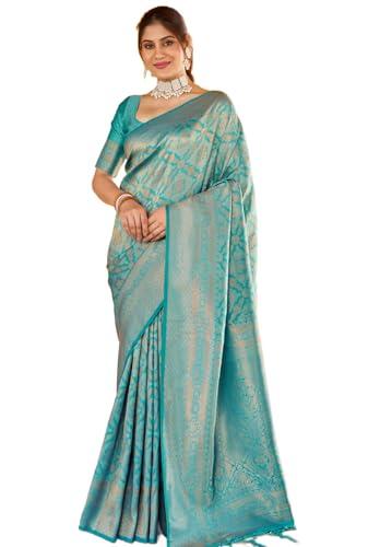 swornof women's kanjivaram banarasi silk patola woven design saree with unstitched blouse piece (sea blue)