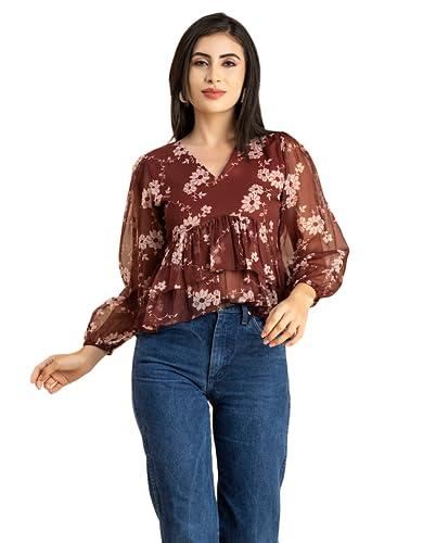 moomaya women’s printed v neck top, balloon sleeves ruffled chiffon crop top