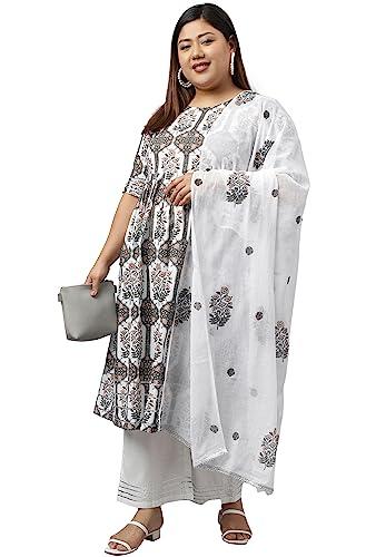 xl love - by janasya women's white cotton botanical printed kurta with palazzo and dupatta(pset220-kr-pp-5xl)